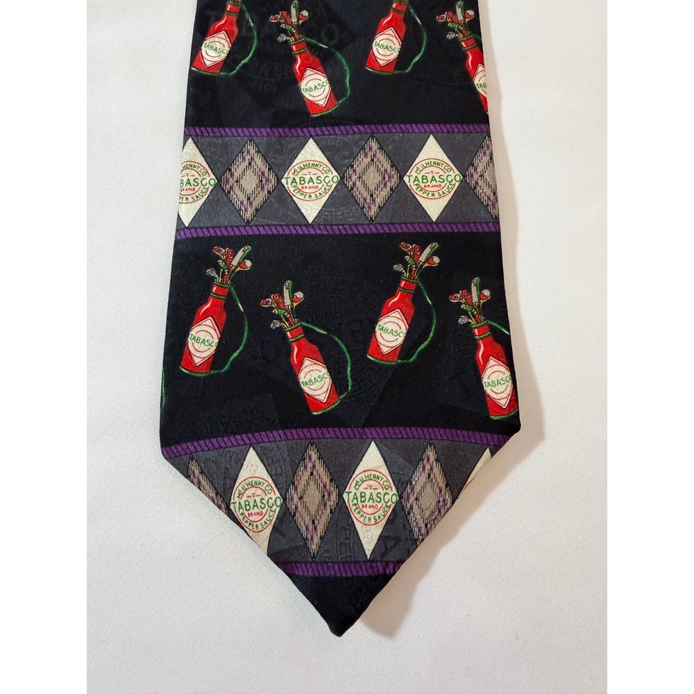 Tabasco Golf Bag Silk Tie Vintage Black Purple Argyle Novelty McIlhenny Necktie